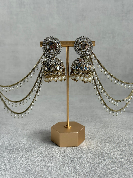 Ayura Designs Aaina Jhumkis – Antique Gold Mirror & Crystal Earrings with Detachable Triple-Layer Pearl Sahare