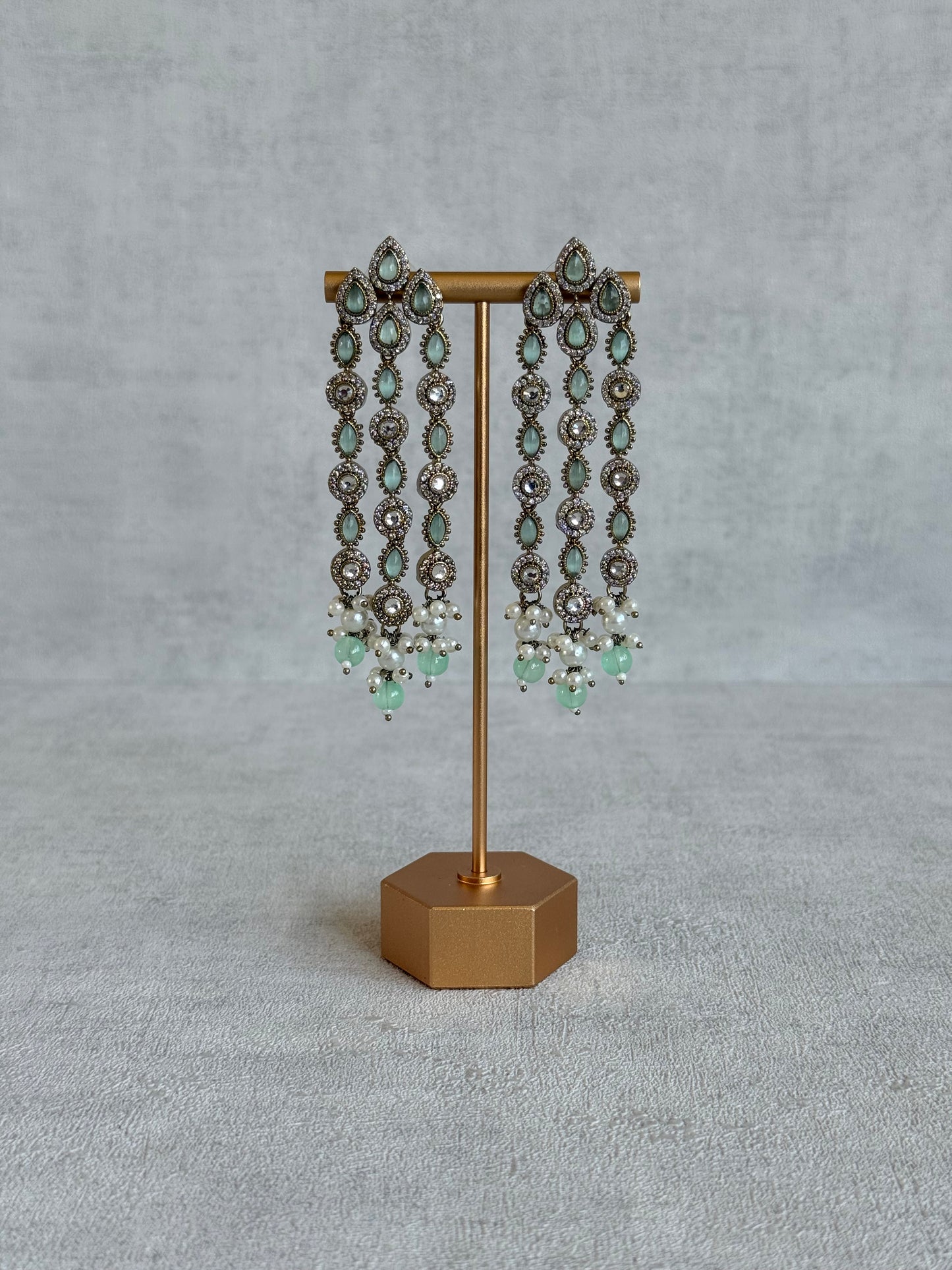 Ayura Designs Emilia Earrings – Gold Triple Strand Statement Earrings with Mint Green Stones & Pearl Drops