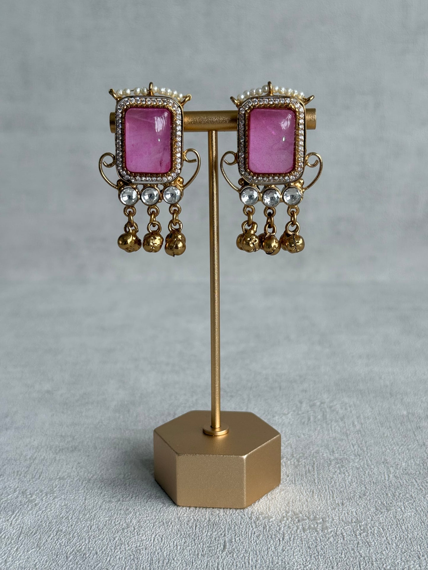 Ayura Designs Aleena Earrings – Rose Pink Stone Stud Earrings with Pearls & Ghungroo Detailing