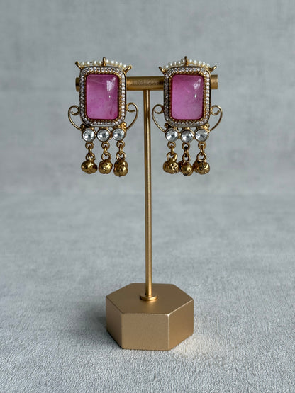 Ayura Designs Aleena Earrings – Rose Pink Stone Stud Earrings with Pearls & Ghungroo Detailing