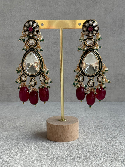 Ayura Designs Serhat Set – Necklace, Earrings & Tikka with Ruby Red Beads, Green Meenakari, Mirror-Cut Polki Stones & Gold Finish