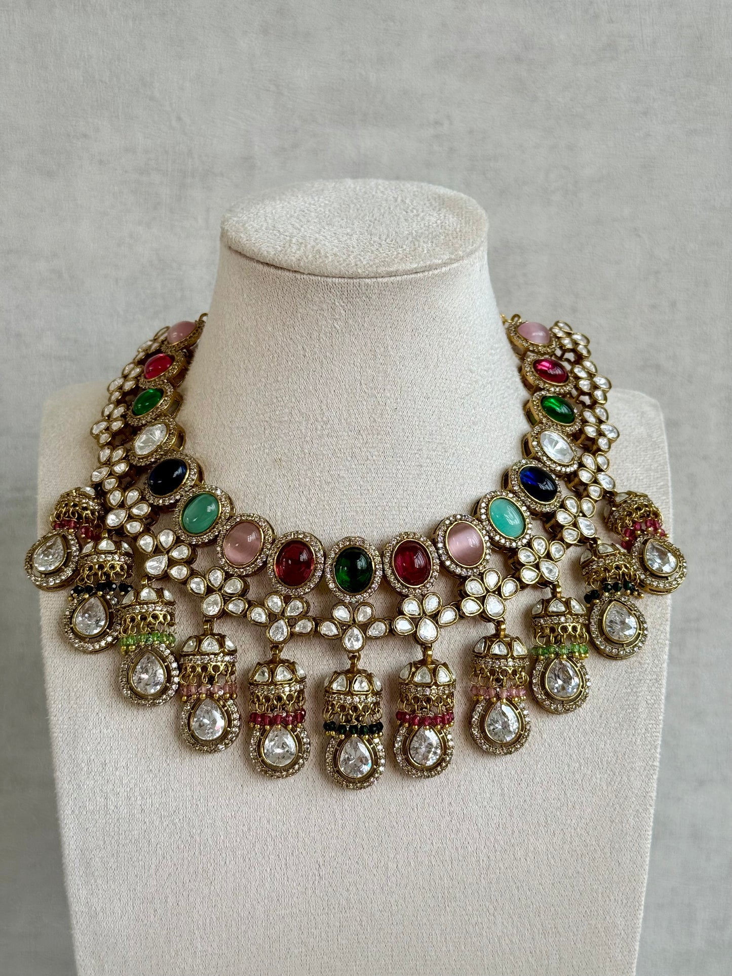 Ayura Designs Imara Set with Necklace & Jhumkis – Multicolour Stones with Kundan Detailing & Crystal Drop