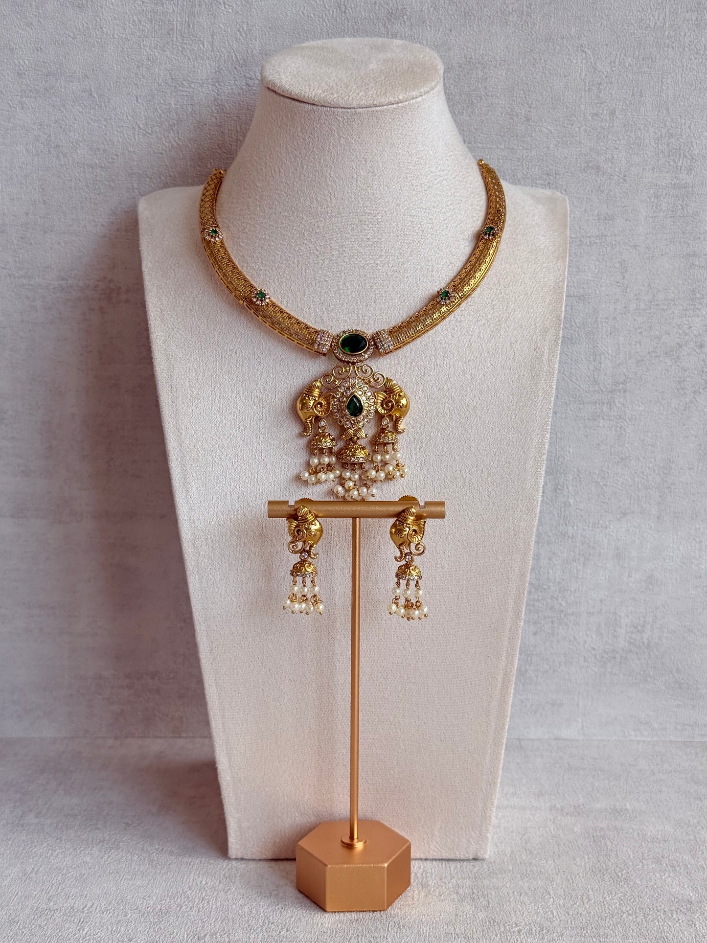 Ayura Designs Wadha Collar Necklace Set with Earrings – Gold Elephant Pendant & Emerald Green Stone Detailing