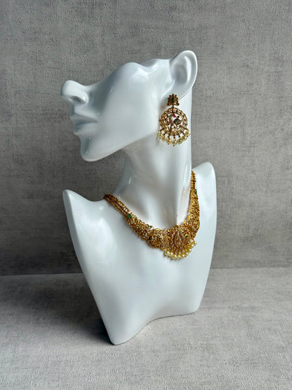 Ayura Designs Vedya Set – Antique Gold Peacock Necklace with Kundan, Emerald & Pearl Detailing