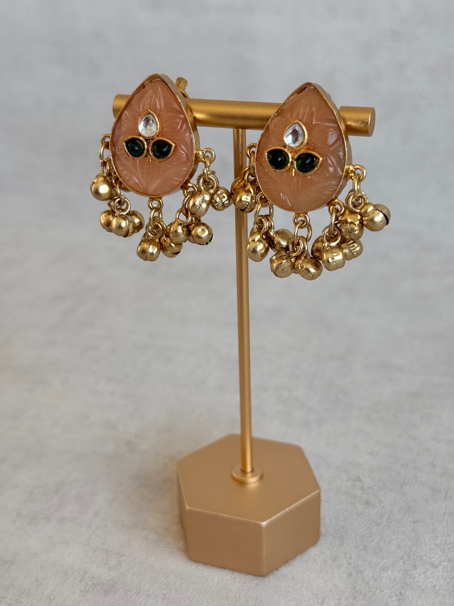 Ayura Designs Aykai Earrings – Champagne Peach Teardrop Stud Earrings with Clear Kundan Stones and Gold Ghungroo Drops