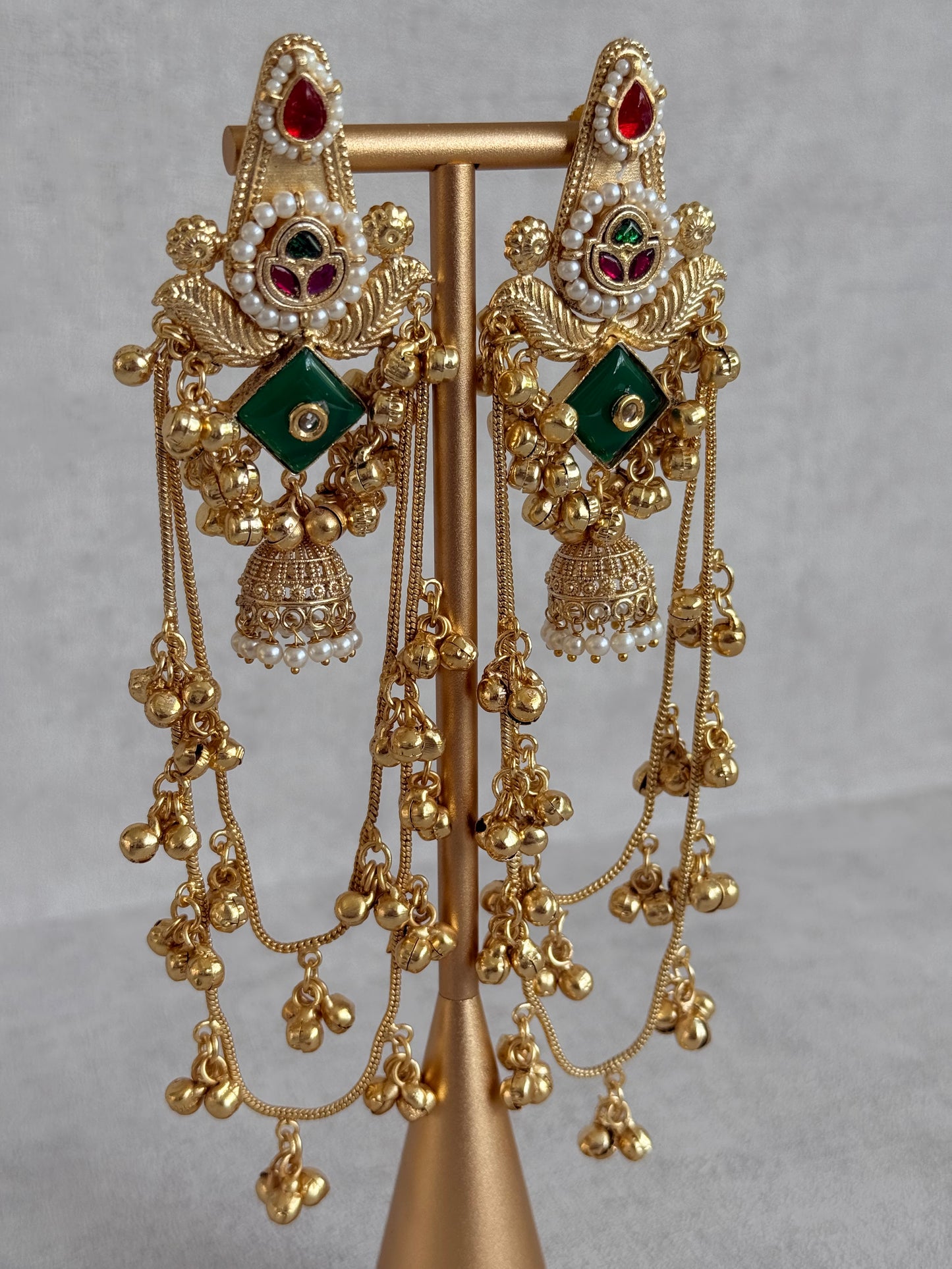Ayura Designs Simal Earrings – Kashmiri Earrings with Green Stone, Multicoloured Detailing, Layered Ghungroo Chains & Jhumkis