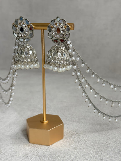 Ayura Designs Aiyana Jhumkis – Silver Mirror-Cut Earrings with Detachable Triple-Layer Pearl Sahare