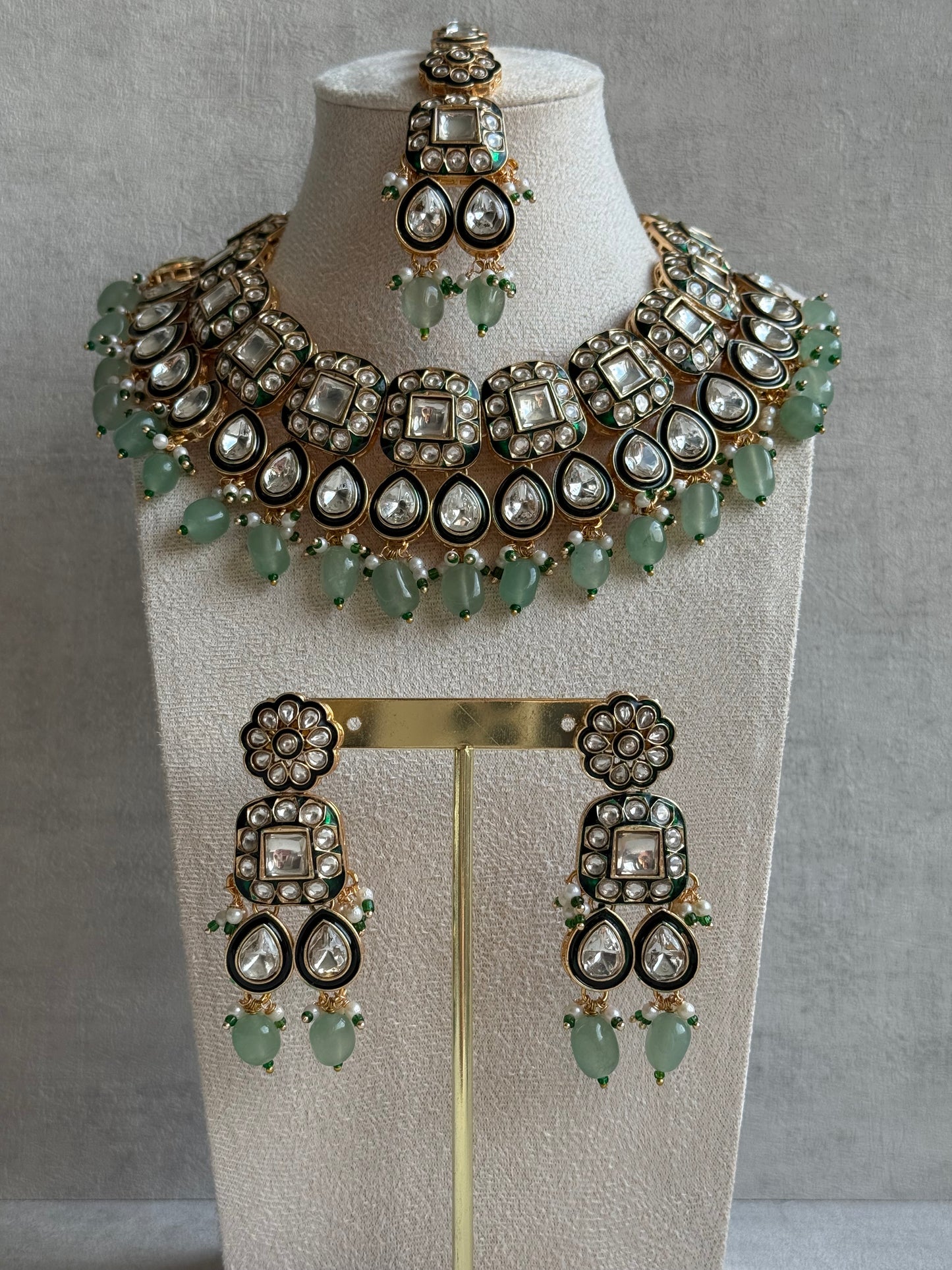Ayura Designs Salma Set – Necklace, Earrings & Tikka with Mirror-Cut Kundan, Mint Green Beads, Emerald Green Meenakari & Gold Finish