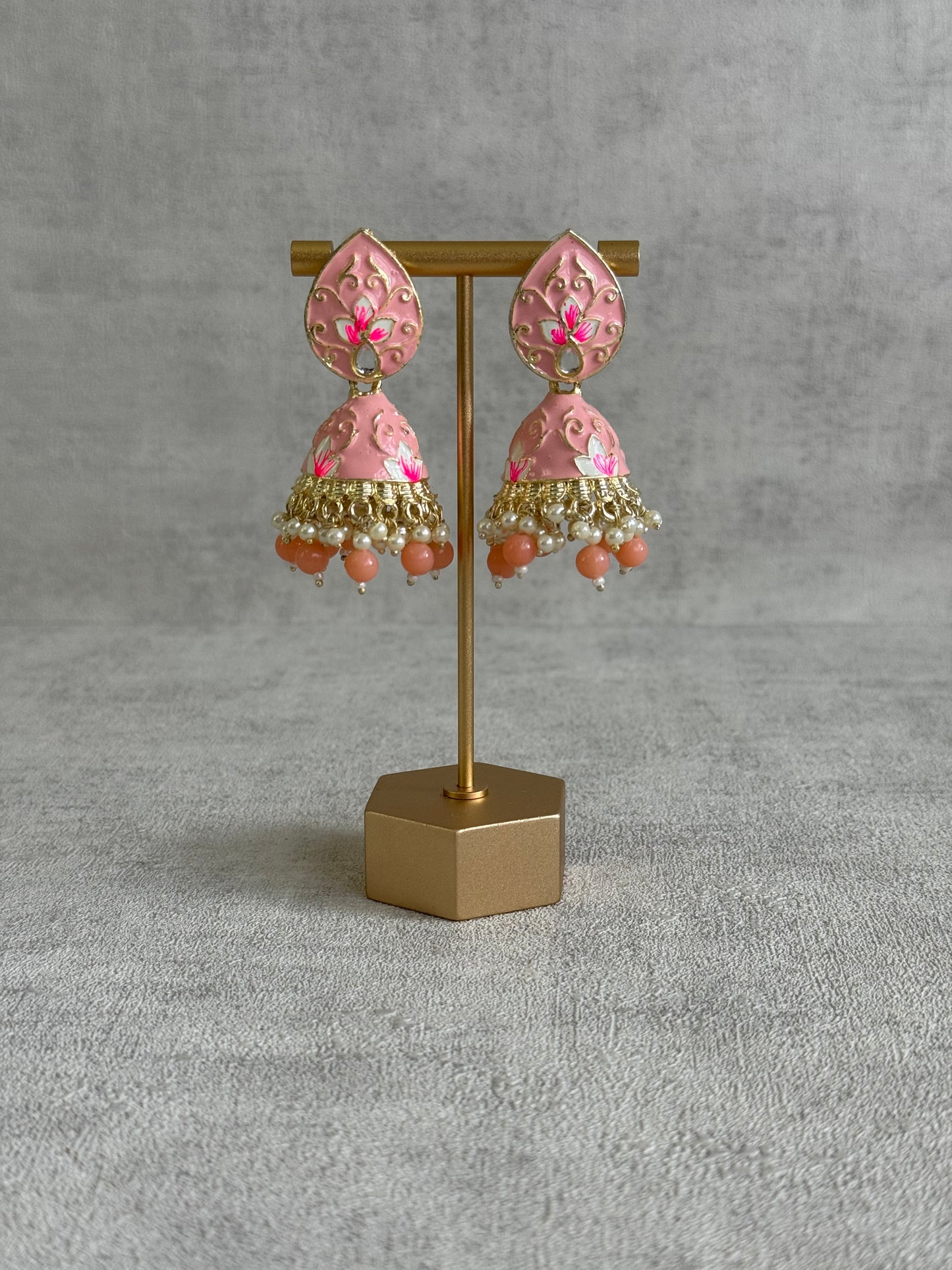 Ayura Designs Gia Jhumkis – Blush Pink Meenakari with Pink Lotus Motifs & Ivory Pearl Drops