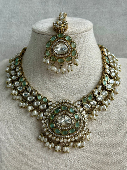 Ayura Designs Warda Set with Earrings & Tikka – Ink Blue Ovals, Mirror-Cut Stones & Ivory Pearls