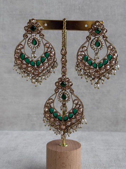 Ayura Designs Damini Tikka Set – Mirror-Cut Kundan Earrings & Tikka with Emerald Green Enamel and Pearl Detailing