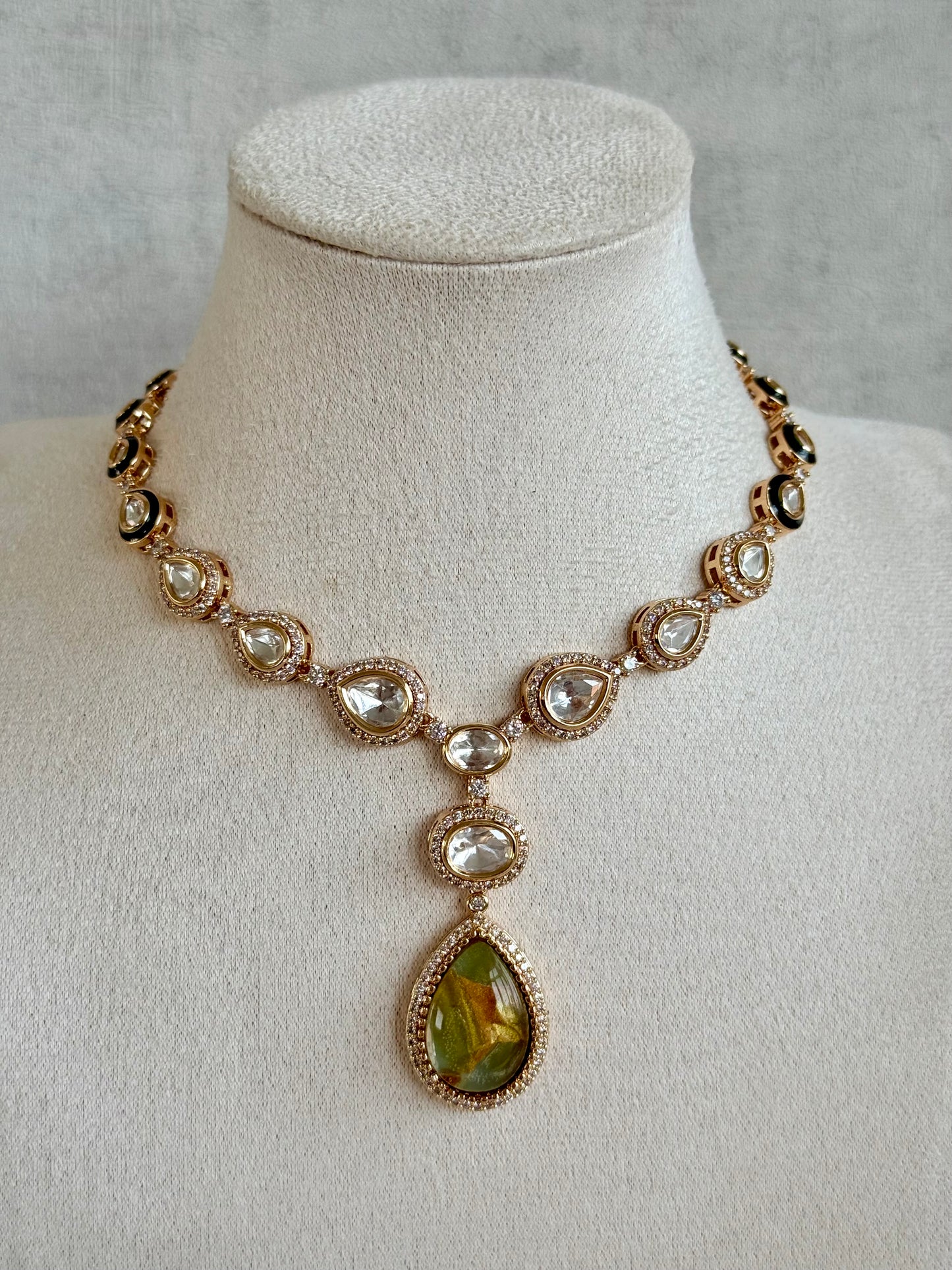 Ayura Designs Lilly Necklace Set with Earrings – Moissanite Stones with Marble Green Teardrop Pendant & Crystal Detailing