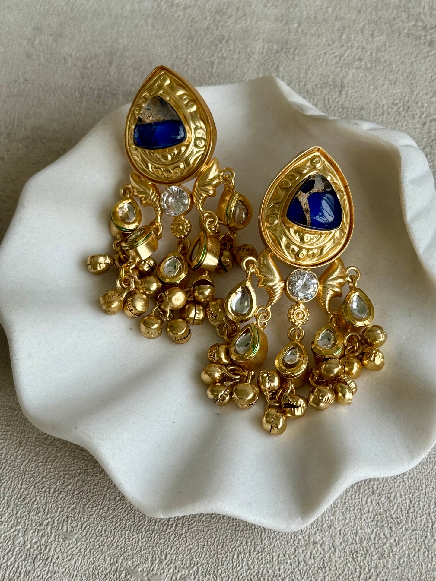 Ayura Designs Arheer Earrings – Sapphire Blue Marble with Kundan Detailing & Antique Gold Ghungroos