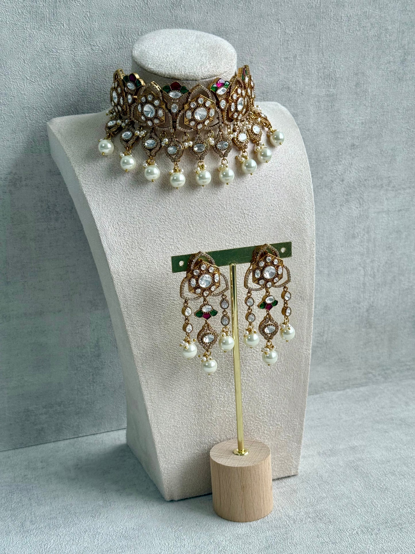 Ayura Designs Serina Choker Set with Earrings – Green & Pink Enamel, Mirror-Cut Stones & Pearl Drops