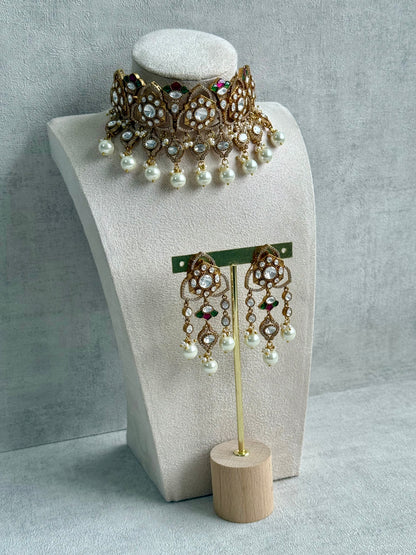 Ayura Designs Serina Choker Set with Earrings – Green & Pink Enamel, Mirror-Cut Stones & Pearl Drops