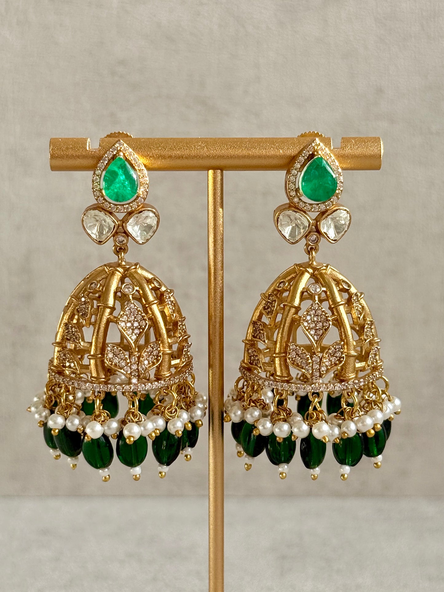 Ayura Designs Rami Collar Set with Jhumkis – Sculpted Gold Collar with Emerald Green Stone and Crystal Detailing
