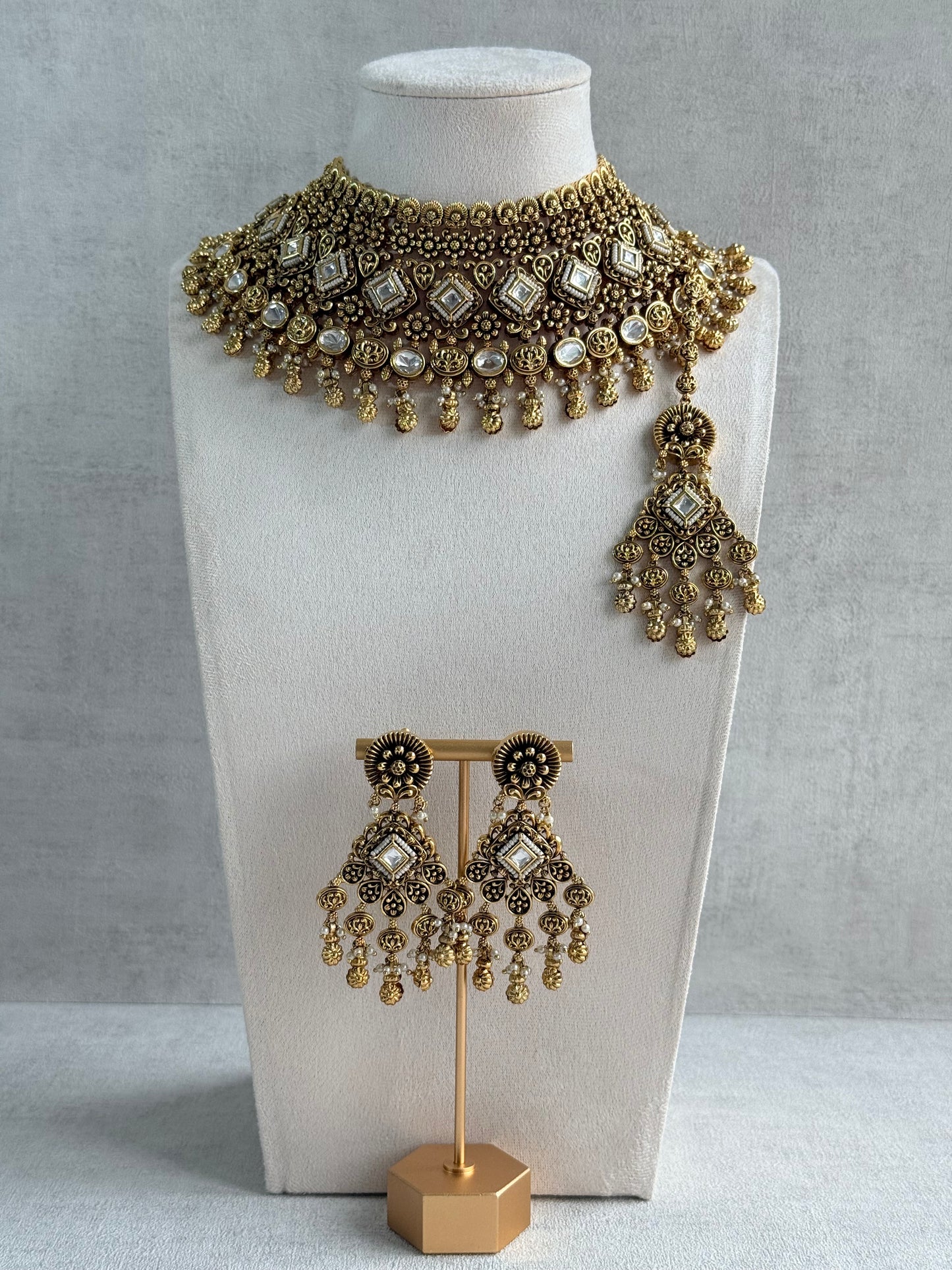 Ayura Designs Ehsaas Bridal Set with Earrings & Tikka – Kundan Stones, Pearls in Antique Gold Finish