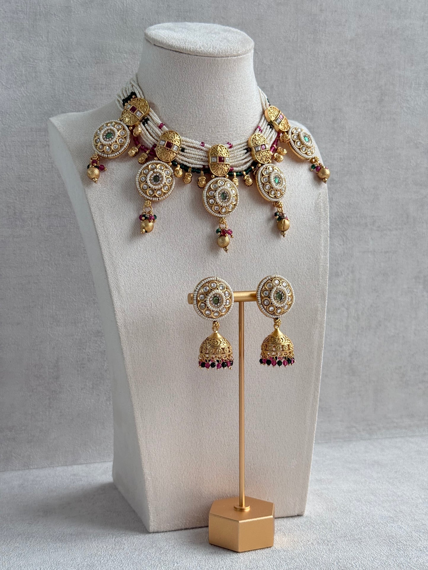 Ayura Designs Kesar Necklace Set with Jhumkis – Multi-Strand Pearl Design, Kundan, Rani Pink & Green Stones & Gold Finish