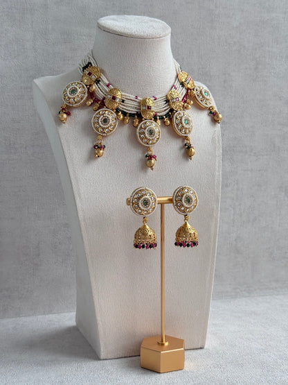 Ayura Designs Kesar Necklace Set with Jhumkis – Multi-Strand Pearl Design, Kundan, Rani Pink & Green Stones & Gold Finish