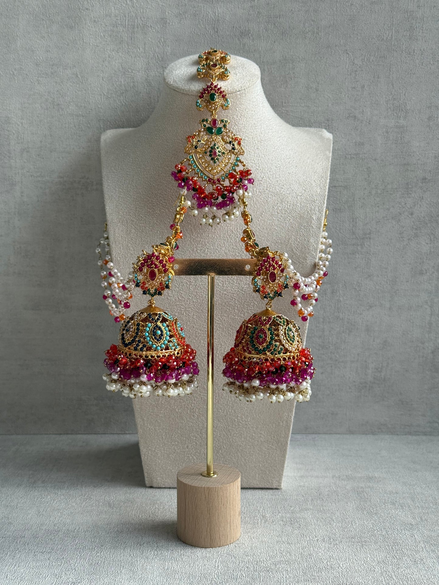 Ayura Designs Safia Tikka Set with Sahare Earrings – Multicolour (Orange, Pink & Ivory Beads)