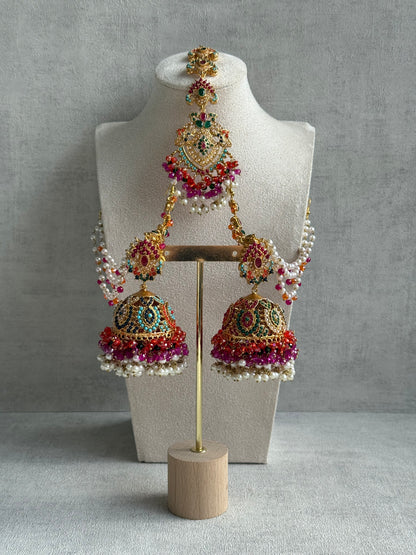 Ayura Designs Safia Tikka Set with Sahare Earrings – Multicolour (Orange, Pink & Ivory Beads)