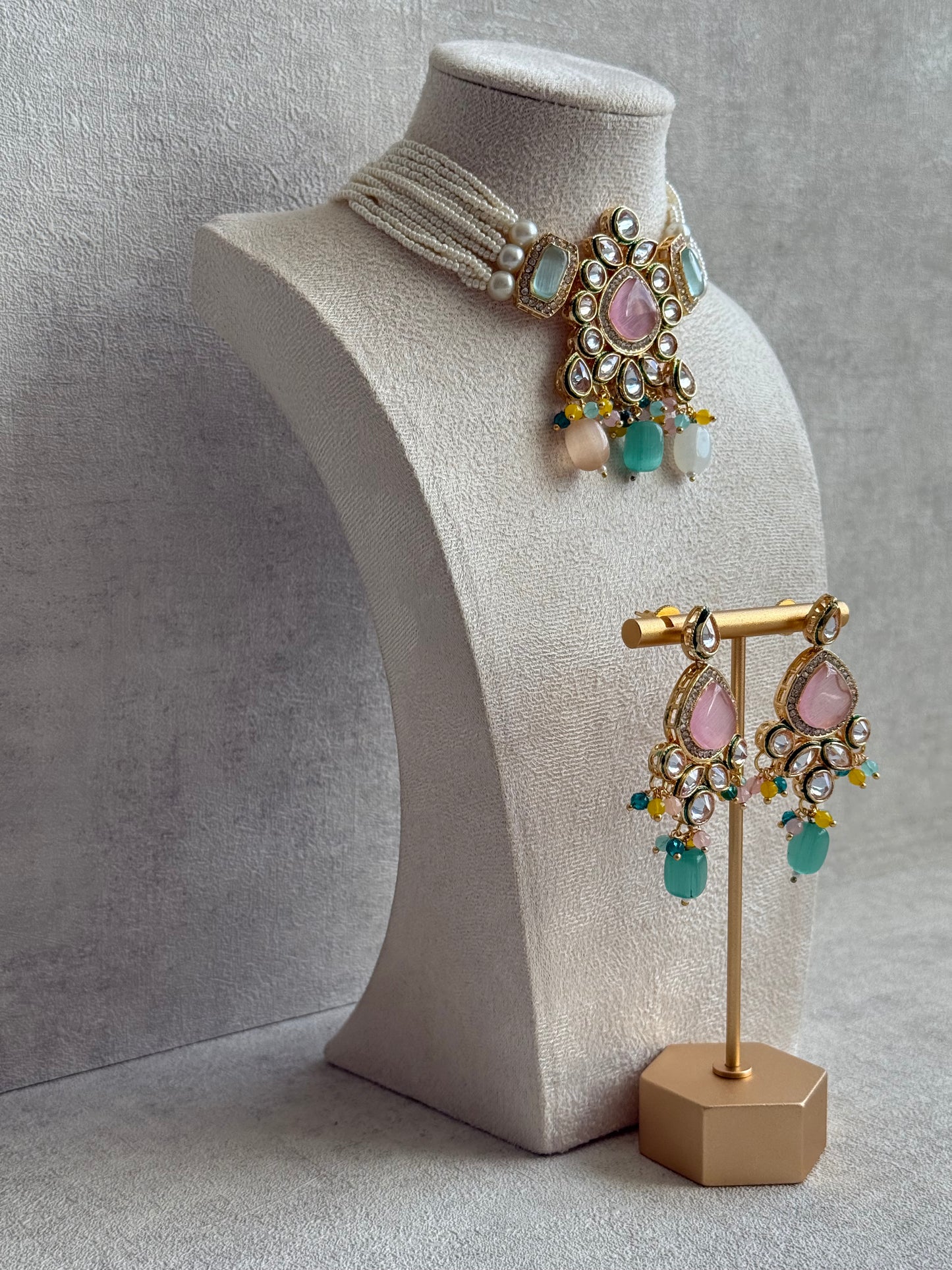 Ayura Designs Paheli Set with Earrings – Multicolour Stones, Kundan Detailing & Pearl Strands