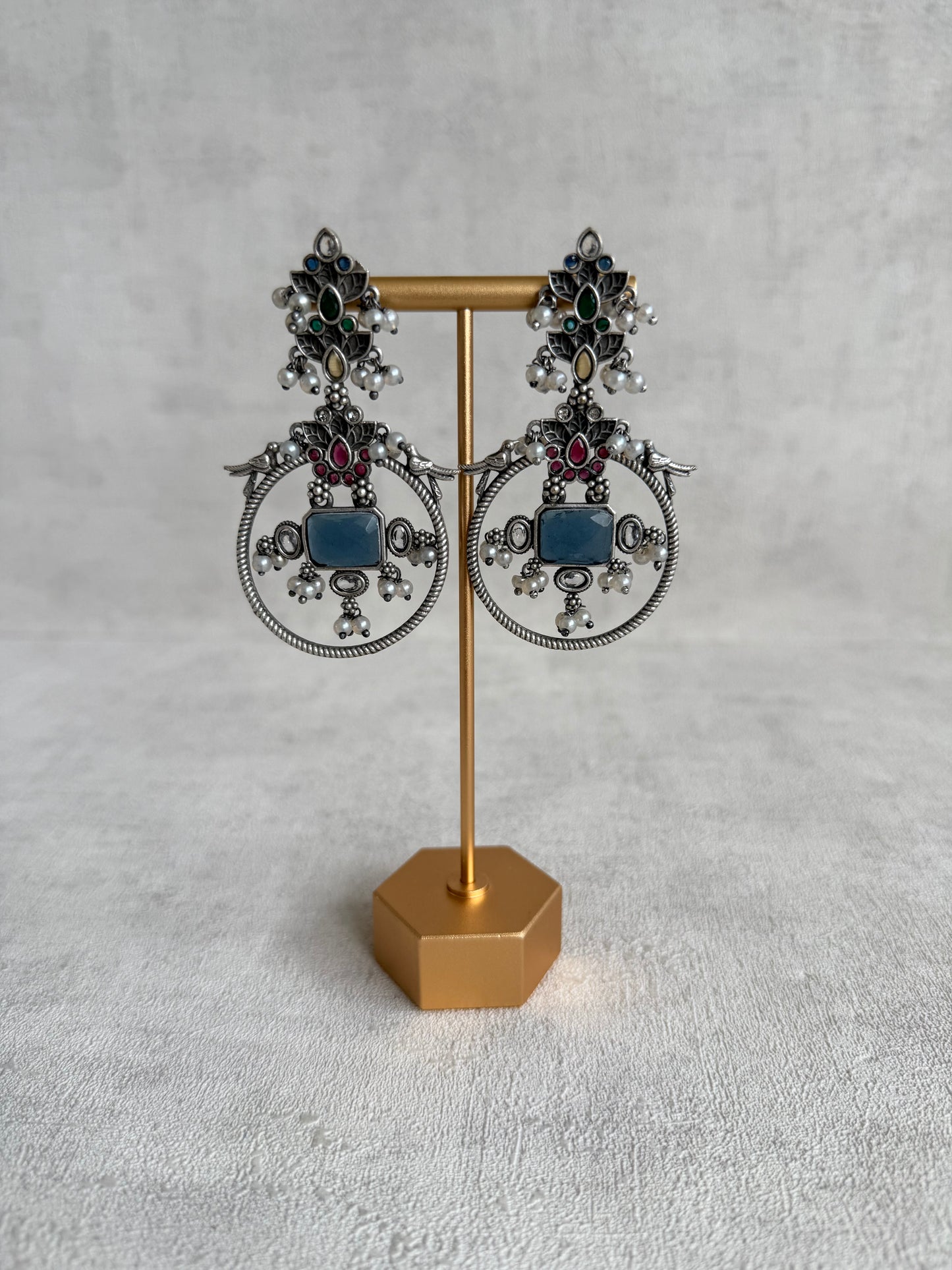 Ayura Designs Katha Earrings – Oxidised Statement Earrings with Multicolour Stonework & Pearl Detailing
