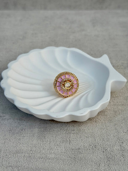 Ayura Designs Maisie Adjustable Ring – Blush Pink Enamel with Crystal Border & Moissanite Centre