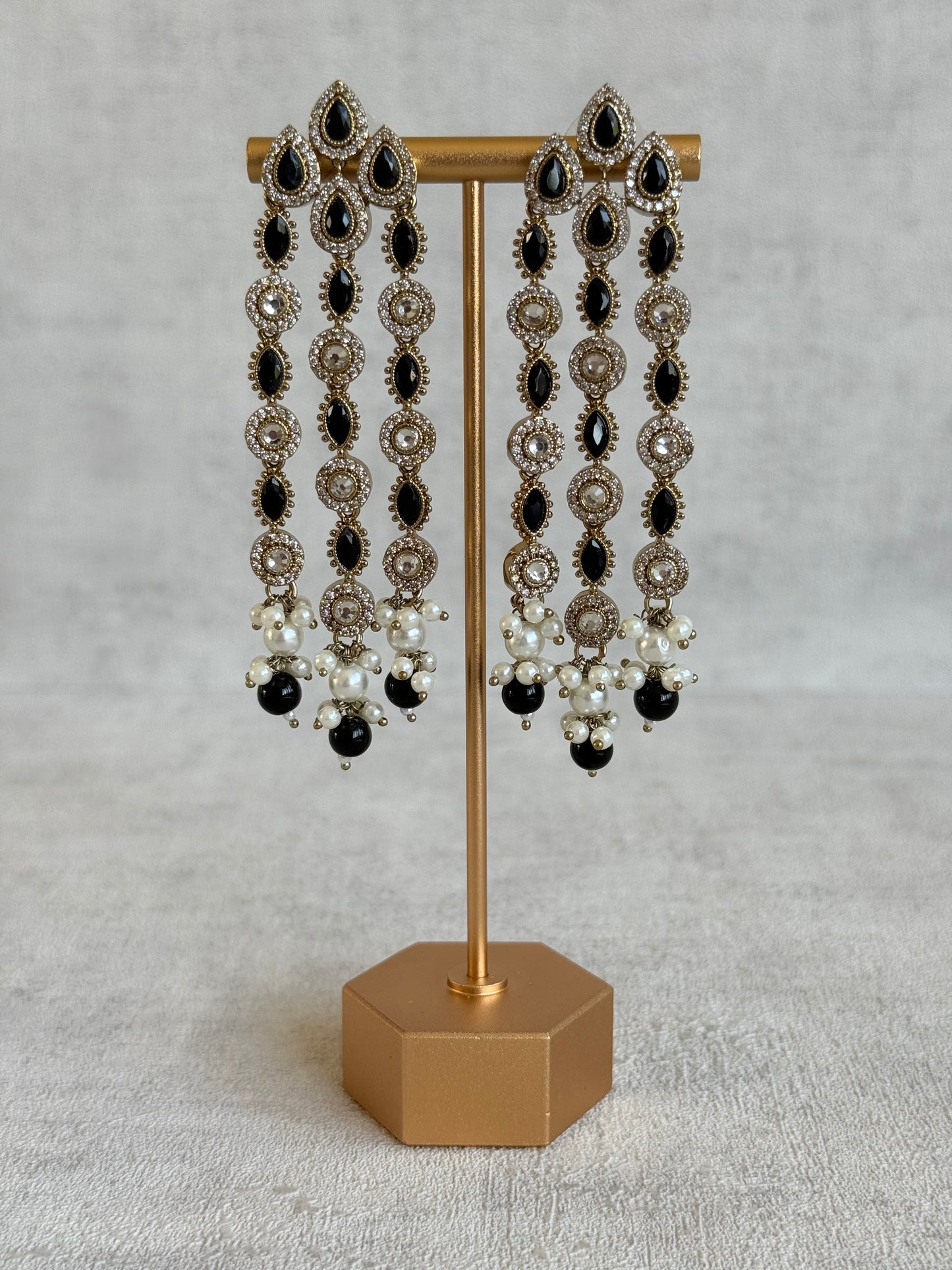Ayura Designs Emilia Earrings – Gold Triple Strand Statement Earrings with Black Stones & Pearl Drops