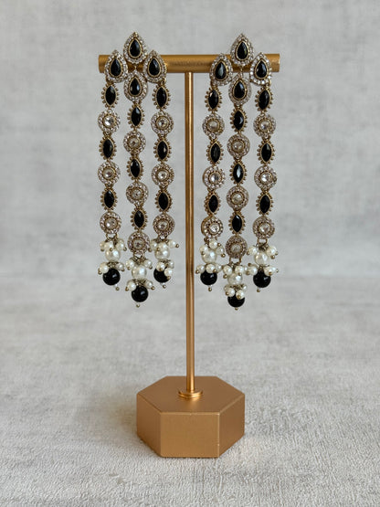 Ayura Designs Emilia Earrings – Gold Triple Strand Statement Earrings with Black Stones & Pearl Drops