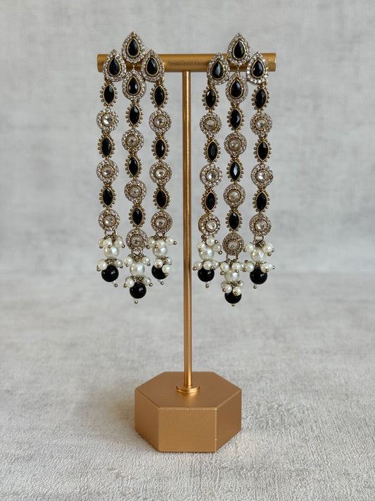 Ayura Designs Emilia Earrings – Gold Triple Strand Statement Earrings with Black Stones & Pearl Drops