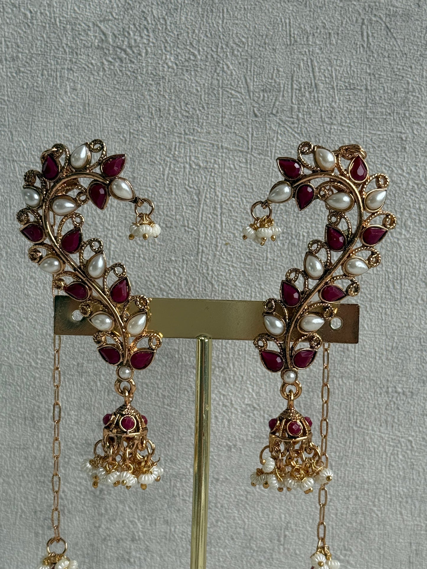 Ayura Designs Mastani Earrings – Gold Ear Climbers with Ruby Stones, Pearls & Jhumki Drops