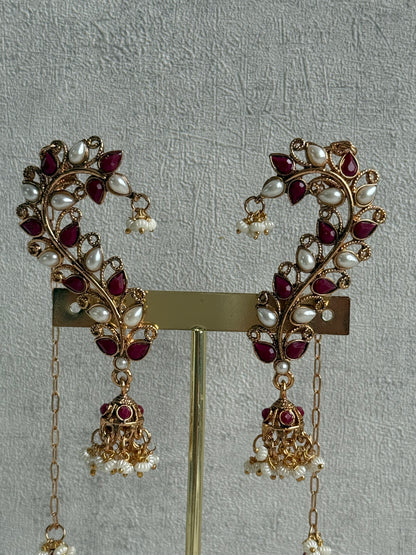 Ayura Designs Mastani Earrings – Gold Ear Climbers with Ruby Stones, Pearls & Jhumki Drops