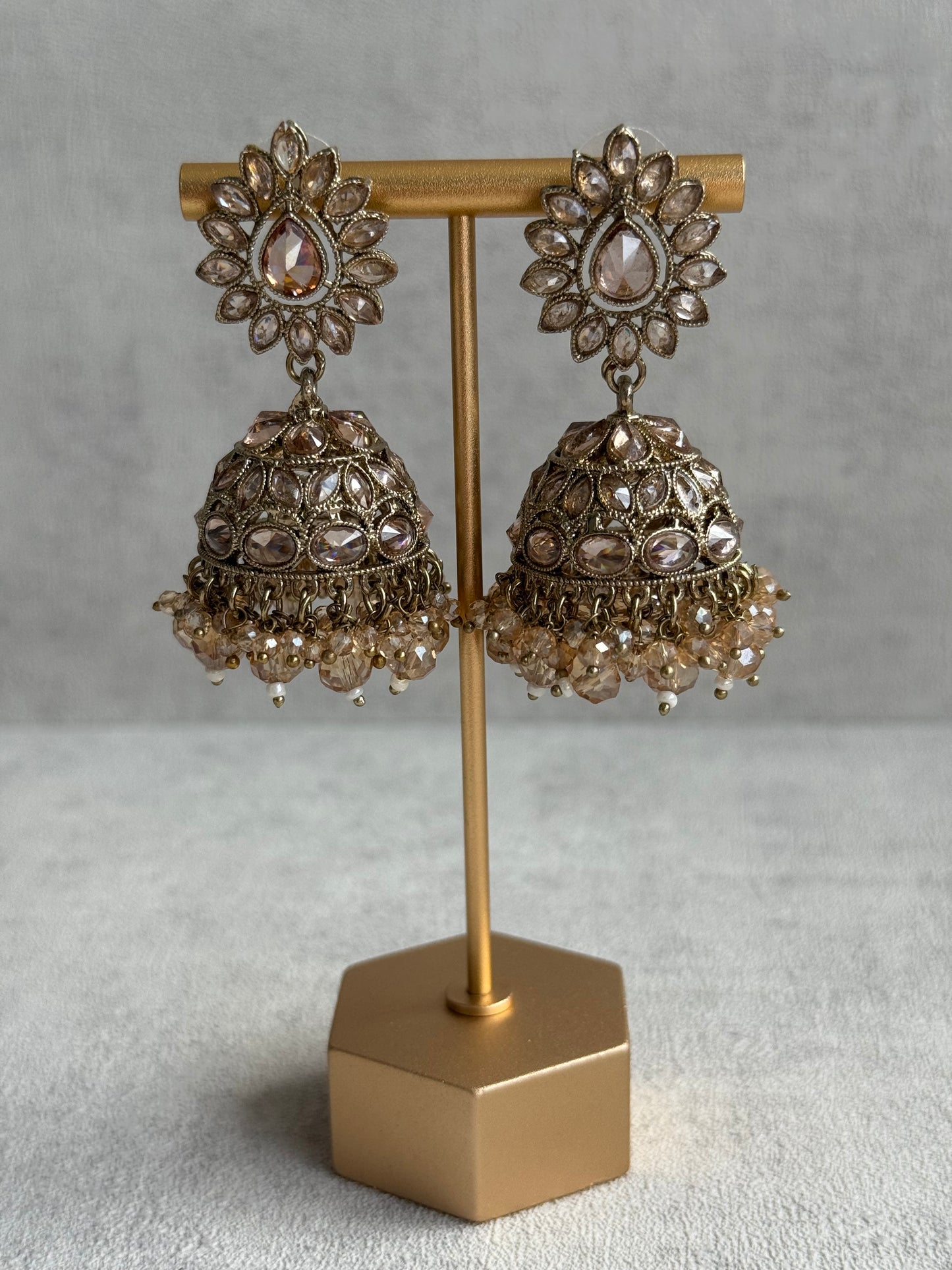 Ayura Designs Emaan Set with Jhumkis & Tikka – Champagne Stones, Antique Gold Finish & Crystal Detailing