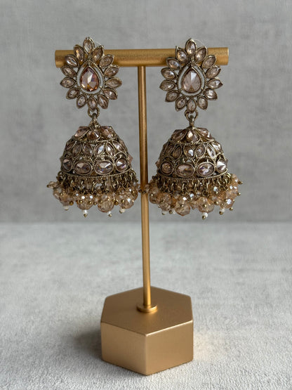 Ayura Designs Emaan Set with Jhumkis & Tikka – Champagne Stones, Antique Gold Finish & Crystal Detailing
