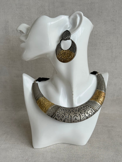 Ayura Designs Raahil Necklace Set with Earrings – Dual Tone Oxidised Statement Necklace with Floral Engraving & Cutwork Detailing