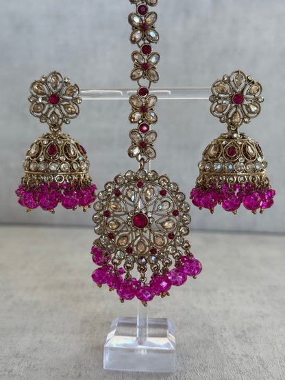 Ayura Designs Hookum Antique Gold Tikka Set – Elegant Earrings & Tikka with Black Bead Accents