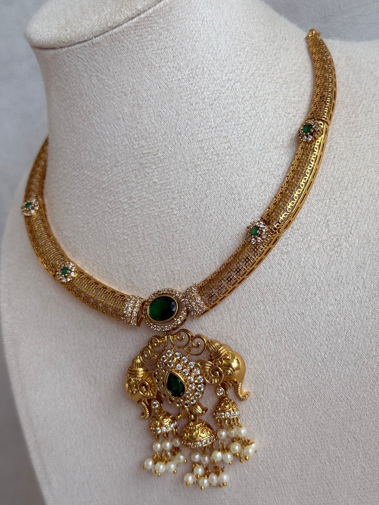 Ayura Designs Wadha Collar Necklace Set with Earrings – Gold Elephant Pendant & Emerald Green Stone Detailing