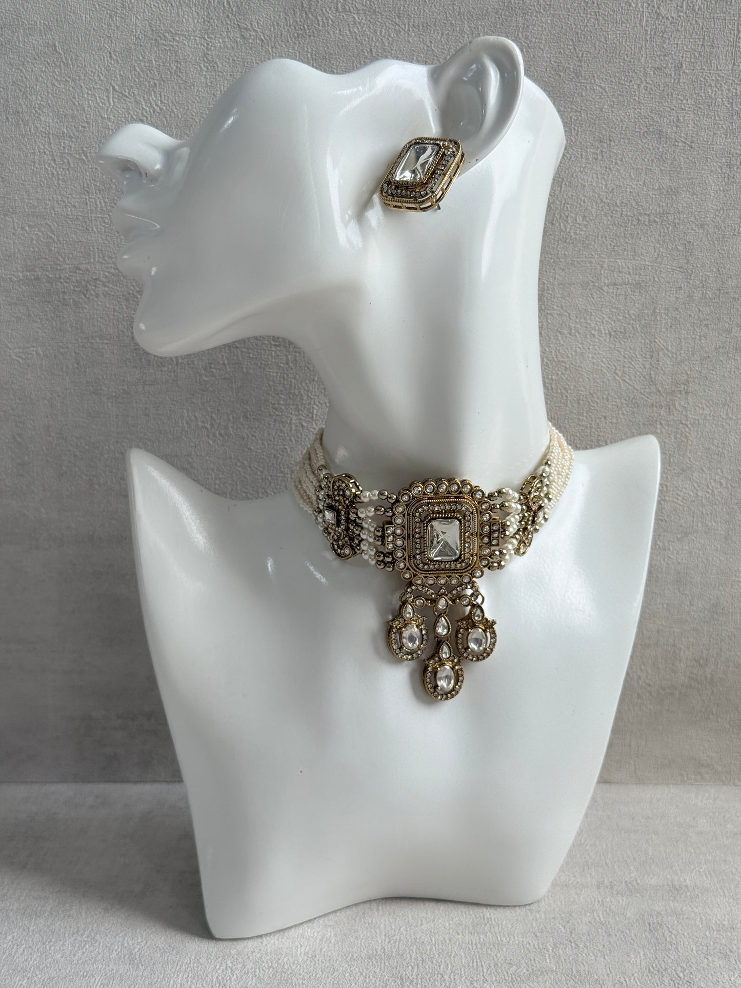 Ayura Designs Nabiha Choker Set with Studs – Ivory Pearl, Crystal Detailing & Gold Finish