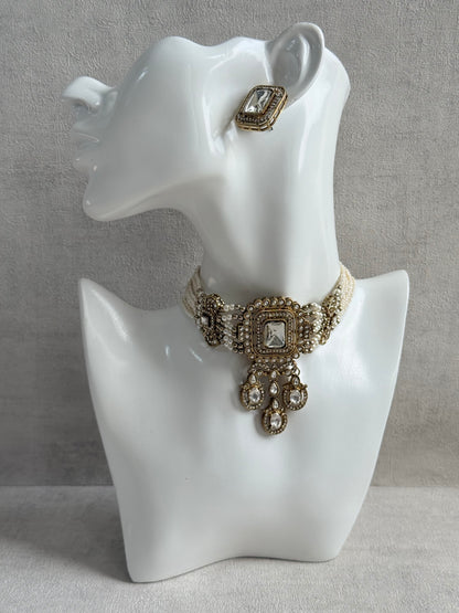 Ayura Designs Nabiha Choker Set with Studs – Ivory Pearl, Crystal Detailing & Gold Finish