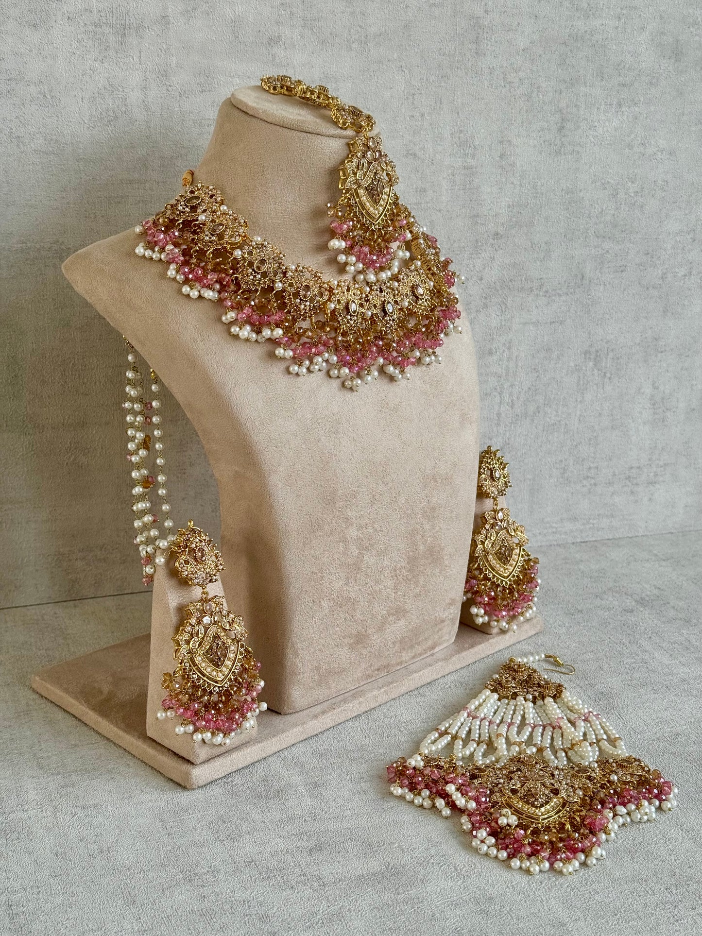 Ayura Designs Faryal Bridal Set with Necklace, Earrings, Tikka & Jhoomar – Antique Gold, Pearl & Blush Pink Detailing