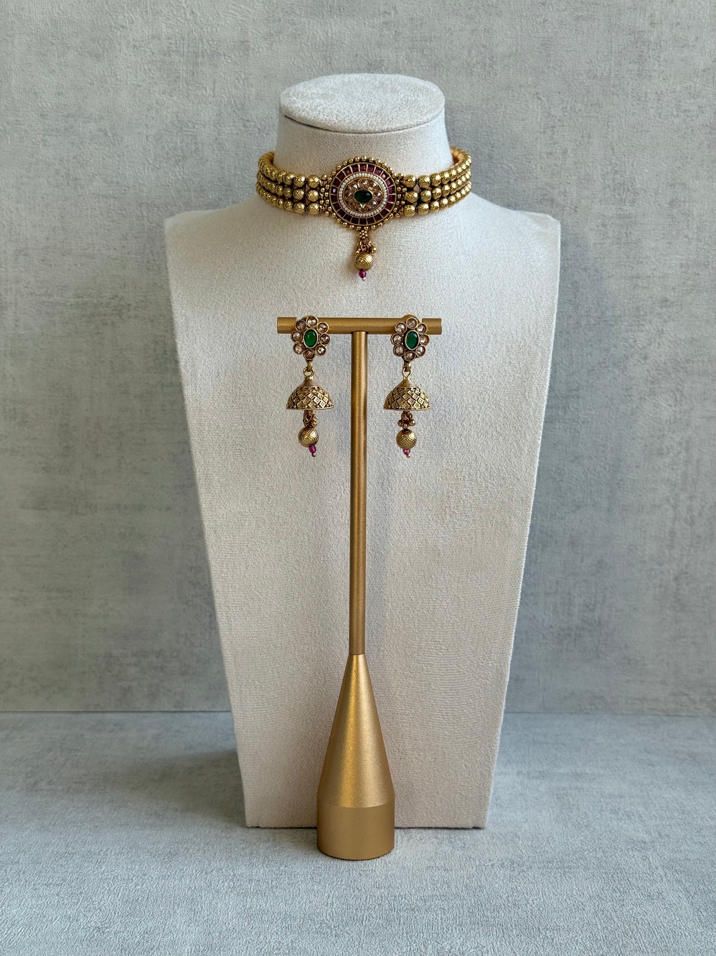 Ayura Designs Kavish Choker Set – Antique Gold Choker with Jhumkis in Rani Pink & Emerald Green with Pearl Detailing