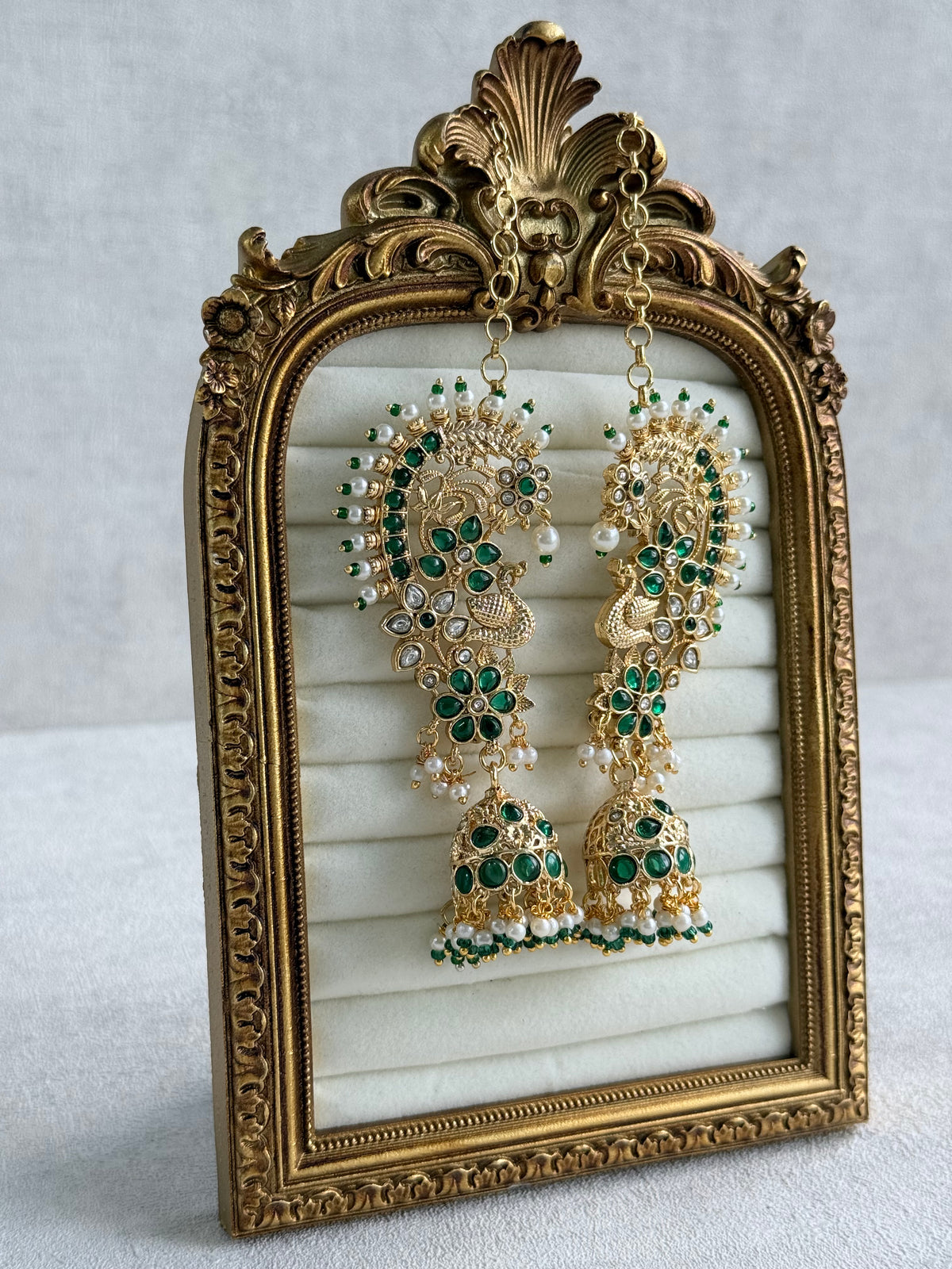 Ayura Designs Nitya Kaanphool Jhumkis – Gold Peacock Motifs, Emerald Green Kundan & Pearl Drops with Attached Sahare