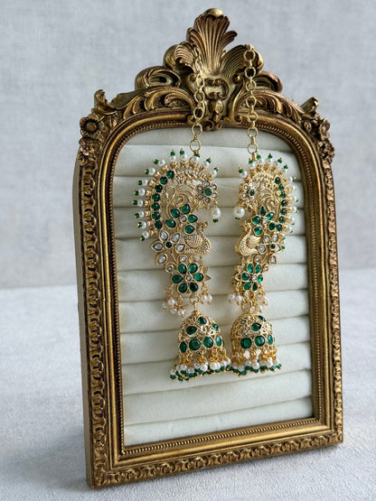 Ayura Designs Nitya Kaanphool Jhumkis – Gold Peacock Motifs, Emerald Green Kundan & Pearl Drops with Attached Sahare