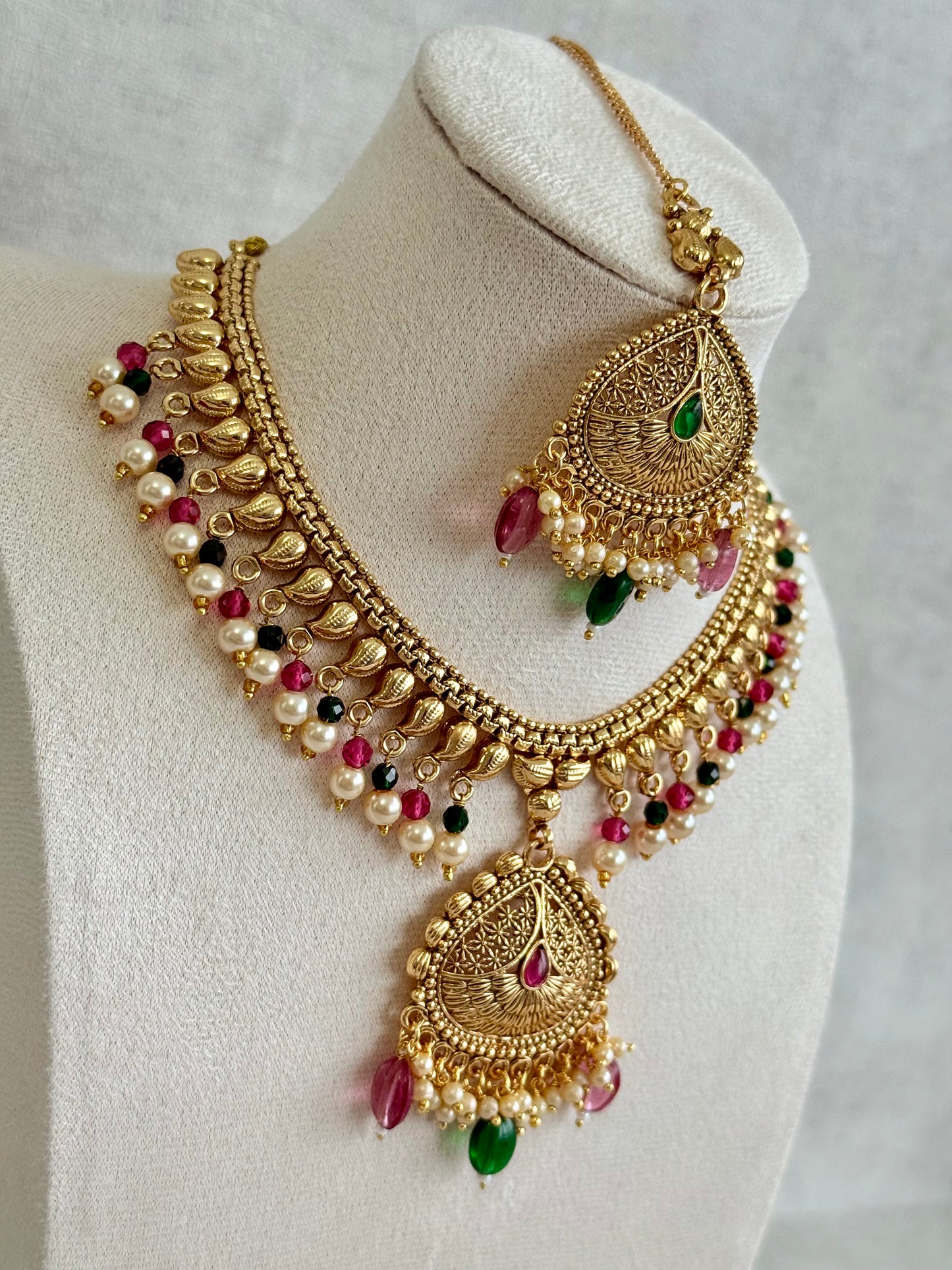 Ayura Designs Hamida Set with Necklace, Earrings & Tikka – Antique Gold with Ruby Pink and Emerald Green Beads & Pearl Detailing