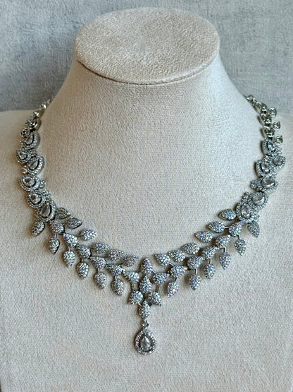 Ayura Designs Vivienne Set with Necklace & Earrings – Silver Finish with Teardrop Crystals and Clustered Leaf Detailing