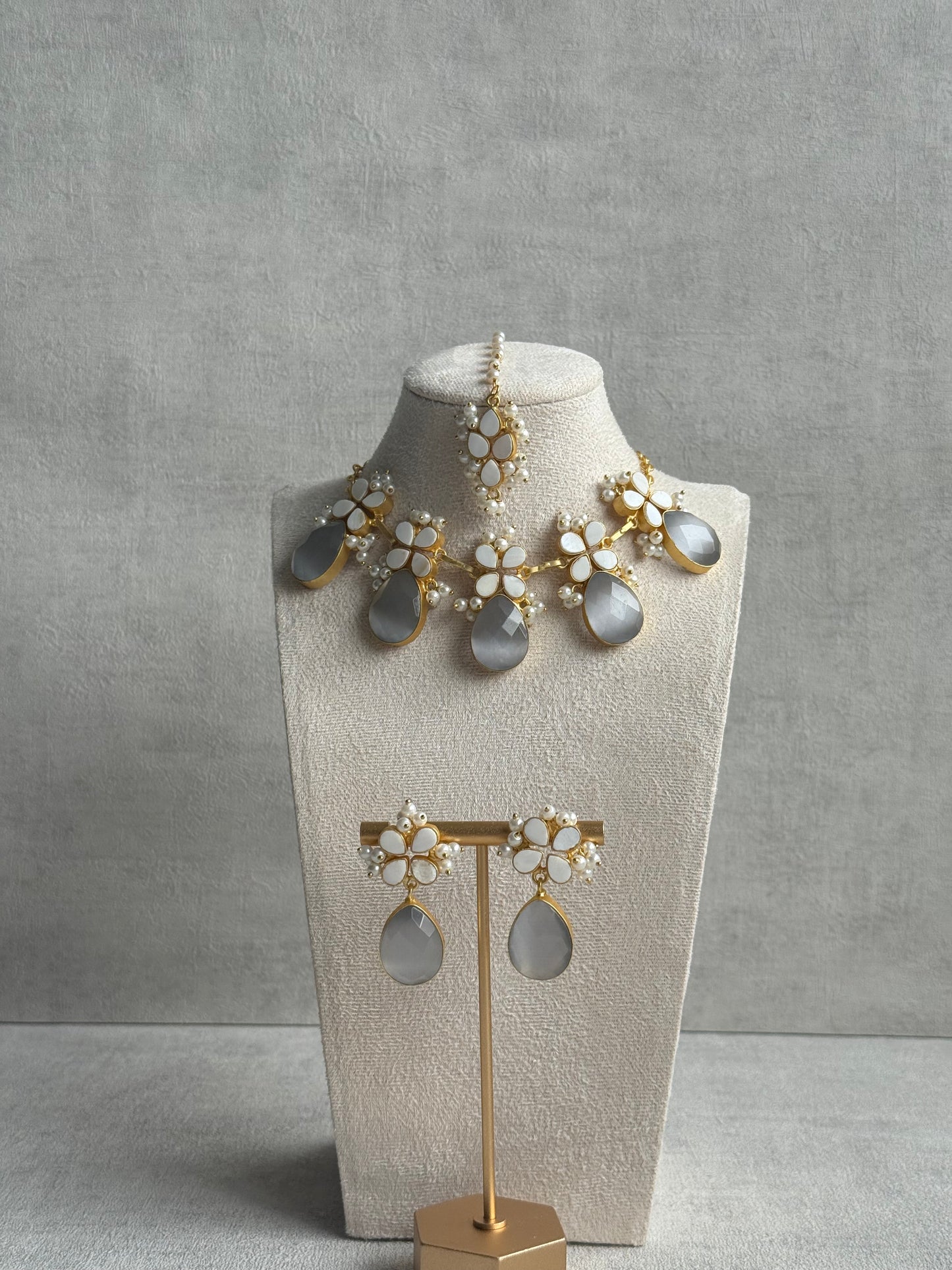Ayura Designs Arianell Set with Necklace, Earrings & Tikka – Moonstone Grey Drops, Floral Motifs & Pearls