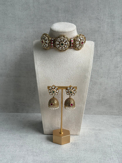 Ayura Designs Tanu Choker Set – Antique Gold Choker & Jhumkis with Ruby & Emerald Kundan and Pearl Borders