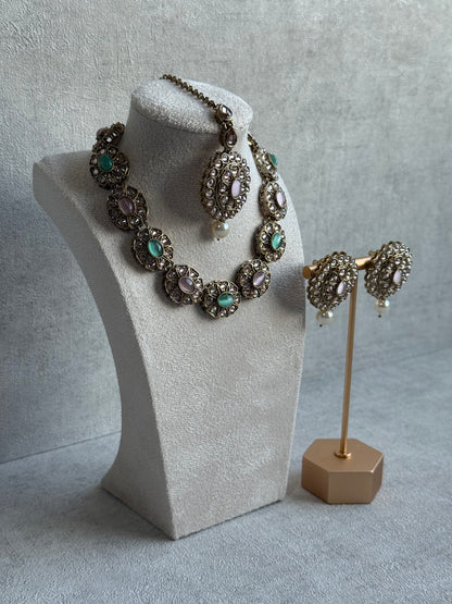 Ayura Designs Sania Set with Necklace, Earrings & Tikka – Mint & Blush Stones, Kundan Detailing & Antique Gold Finish