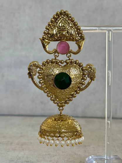 Ayura Designs Dil Earrings – Gold Brass Earrings with Green & Pink Stone Accents and Pearl Jhumka Detailing